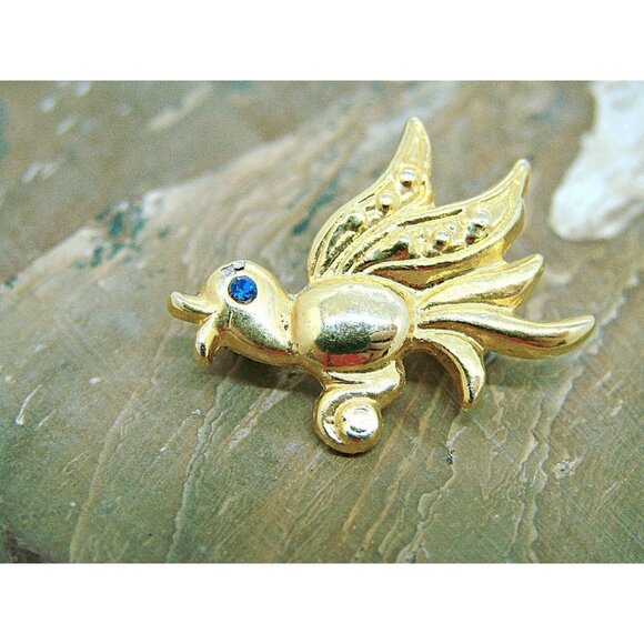 Vintage Road Runner Bird Brooch Blue Sapphire? Crystal Rhinestones Gold Tone 1x1 - Picture 5 of 12